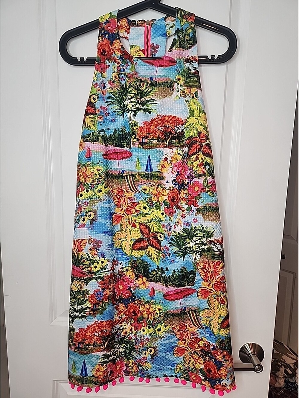 Nicole Miller Shift Dress Women's 2 Sheath Summer Tropical Sleeveless Pockets